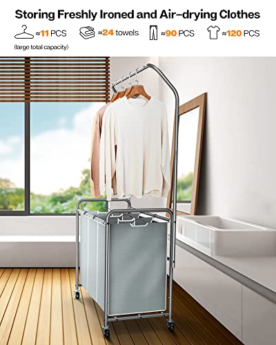 Romoon Laundry Sorter With Hanging Bar, 3 Section Laundry Hamper With Heavy Duty Wheels, Laundry Basket Organizer With Hanging Clothing Rack, Grey #TOP2