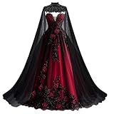 Mauuwy Gothic Black and Burgundy Wedding Dresses for Bride Sweetheart Appliques Lace Flowers Plus Size Bridal Gowns with Cape Size 26 Plus