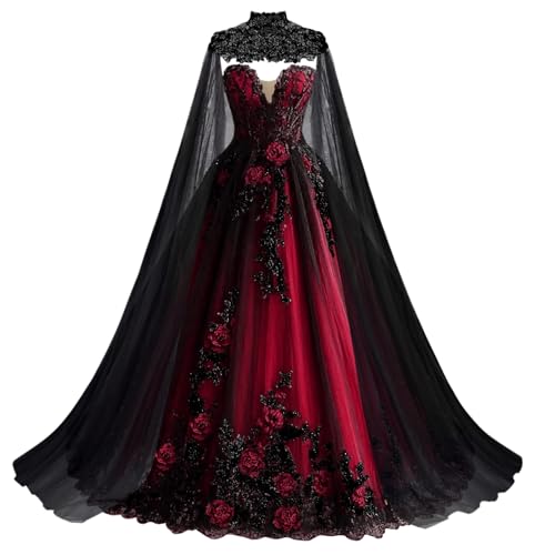 Mauuwy Gothic Wedding Dresses with Appliques Black and Burgundy Vintage Bridal Gowns with Cape Sweetheart Long Beaded Robe De Mariee with Flowers Size 8
