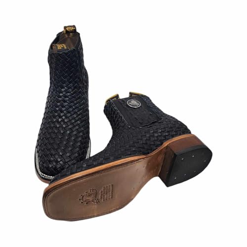 Mens Leather Cowboy Western Hand Woven Braided Square Toe half boots Chelsea Botin Vaquero Petatillo Tejidos3