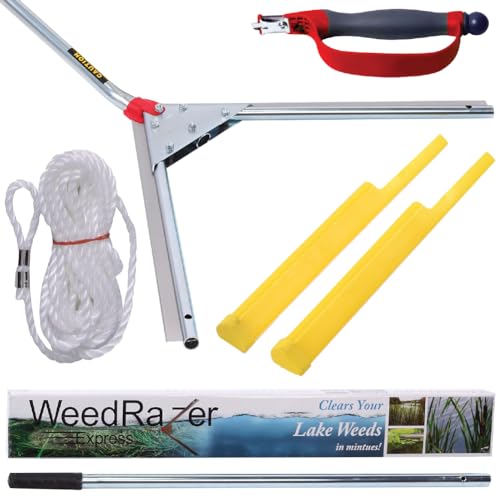 Jenlis Weed Razer Express, Lake Weed Cutter, Compact Aquatic Pond Plant Cutting Tool, Sharp Razor Blades Shear Cattail, Reed, Phragmites Lilly & Chara Algae, 30” Inch Cut Width, 25 Foot Throw Rope