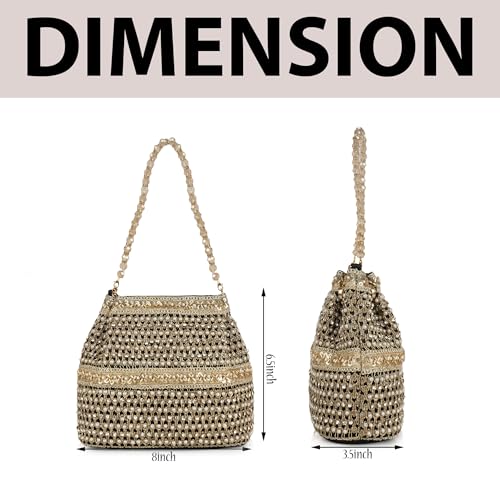 Image of Nevis Silk Fabric Premium Pearl & Crystal Embroidered Potli Bag for Women | Ethnic Bridal Clutch with Golden Handle | Party & Wedding | Potli Bag
