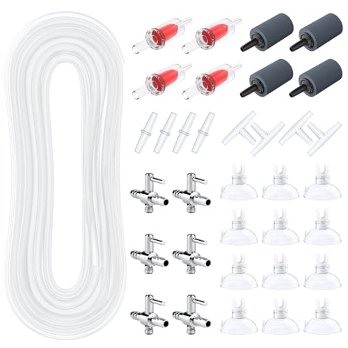 Pawfly Aquarium Tubing, 50 Feet Fish Tank Airline Tubing, Aquarium Air Pump Accessories Kit with Air Stones, Check Valves, Suction Cups, Air Control Valves and Connectors