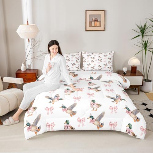 Image of Feelyou Bow Mallard Duck Pink Bedding Set Full Size,Hunting Duck Bowknot Girly Comforter Set for Kids Teens Room Decor Farmhouse Rustic Quilt