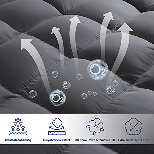 ELEMUSE Cal King Grey Mattress Topper for Back Pain, Extra Thick Mattress Pad Cover, Plush Soft Pillowtop with Elastic Deep Pocket, Overfilled Down Alternative Filling