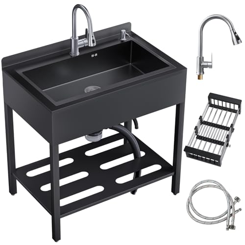 Lavandino autoportante in acciaio inossidabile per esterni, lavello da cucina con scolapiatti e rubinetto estraibile e tubi dell'acqua calda e fredda, Kitchen Sink lavandino per il lavaggio delle mani