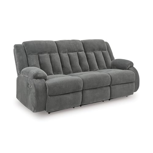 Image of Signature Design by Ashley Free Wake Modern Dual-Sided Power Reclining Sofa with Drop Down Table, USB Charging Port and 2 Cup Holders, Gray