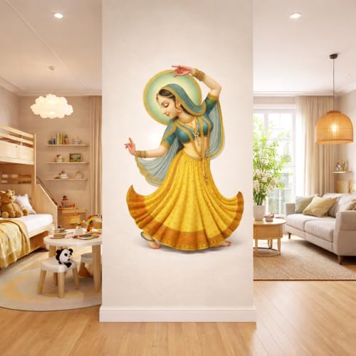 Image of Rangoli Indian Classical Dancer Wall Sticker 15.5 x 24 Inch Traditional Art Design Self Adhesive Wall Decor for Living Room Bedroom Hall Cultural Theme Wall Art