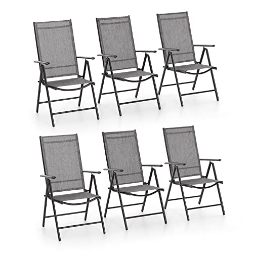 PHI VILLA Outdoor Patio Folding Chairs Set of 6, Portable Patio Dining Chairs with Adjustable Backrest for Outside, Garden, Lawn & Yard, No Assembly, Grey