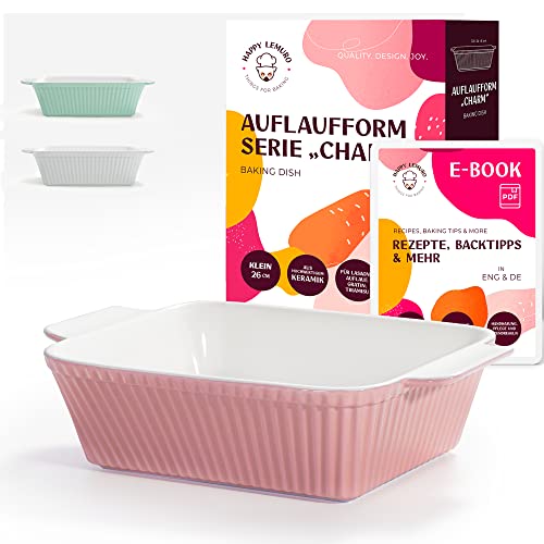 Happy Lemuro Petit plat à four pour 1 à 2 personnes - Extra haut - Moule carré - Plat à lasagne en céramique - Pour lasagnes, cocotte, tiramisu - Passe au lave-vaisselle - Avec eBook (rose) Cover