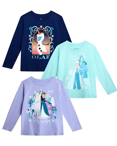 Disney Girls Long Sleeve Shirts - 3 Pack Princess Minnie Mouse Frozen Long Sleeve Graphic Tees for Girls (Sizes: 3T-7), Size 4, Light Mint/Navy Blue/Lilac