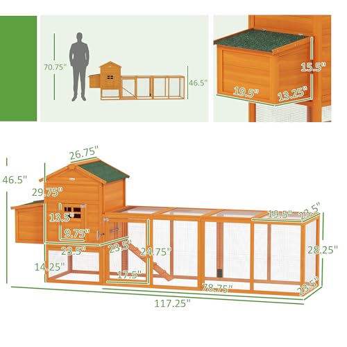 Image of PawHut 118 inch Extra Large Chicken Coop with Asphalt Roof, Wooden Hen Run with Slide-Out Tray and Nesting Box, Chicken Hutch for 3-6 Chickens, Orange