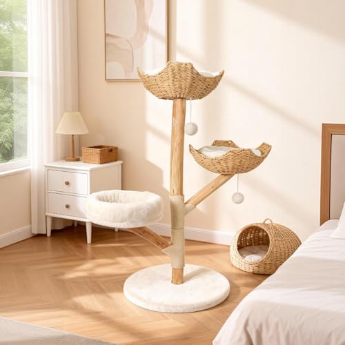 Wood Modern Cat Tree Tower for Large Cats, 47" Tall