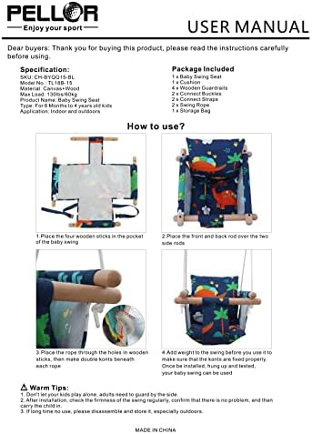 PELLOR Wooden Baby Swing Seat, Hands-Free Swing with Backrest and Safety Harness,Adjustable Handmade Swing Seat, Toddler Swing Seat for Baby and Children Indoor & Outdoors (Green Blue)