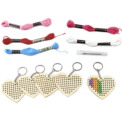 Image of EXCEART 5pcs Heart-Shaped Wooden Cross Stitch Keychain Kit DIY Craft Decoration Handmade Bookmark Set Embroidery Accessories for Beginners Random Colors