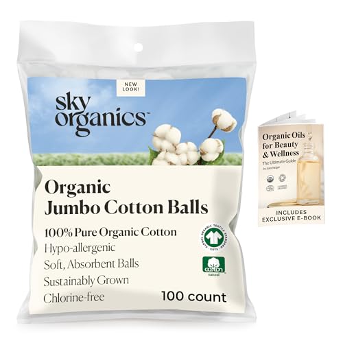 Sky Organics Jumbo Cotton Balls for Sensitive Skin, 100% Pure Organic Cotton Sustainably Grown, Chlorine Free, Hypoallergenic, Ultra-Soft and Absorbent for Beauty,Personal Care, 100 ct