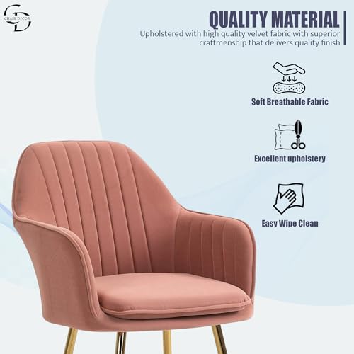 Image of Velvet Accent Chair with Matching Pouffe & Floral Cushion | Modern Upholstered Armchair with Gold Metal Legs | Lounge Chair for Living Room, Bedroom, Office, Guest Room (Pink)
