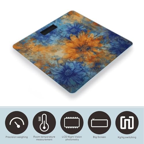 Báscula digital de baño flores azul y naranja con pantalla LCD grande miniatura 3