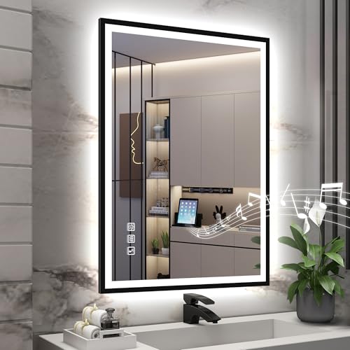 S·BAGNO 28''x20'' LED Bathroom Mirror with Lights, Bathroom Vanity Wall Mirror with Buletooth, Anti-Fog, Stepless Dimmable, 3 Colors, Tempered Glass