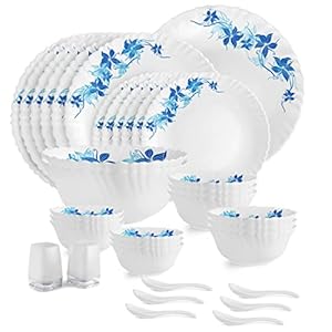 Cello Blue Swirl Dazzle Series Opalware Dinner Set, 35-Pieces, Service for 6, White