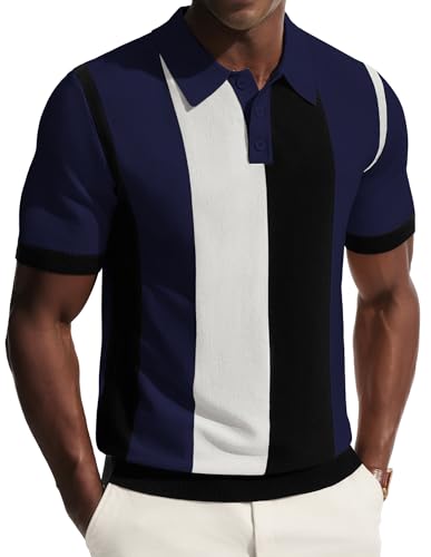 PJ PAUL JONES Mens Polo Shirts Short Sleeve Vintage Knitted Polo T Shirts Navy Blue XL