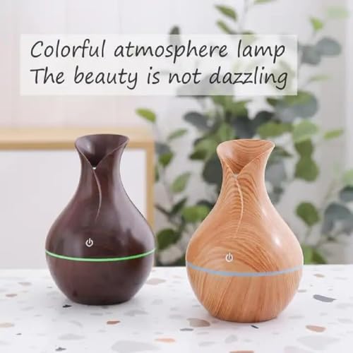 Image of Aroma Diffuser Humidifier with LED Light Ring, Wood Grain Design, USB Powered Mist Diffuser for Essential Oil and Water (Dark Brown Vase)