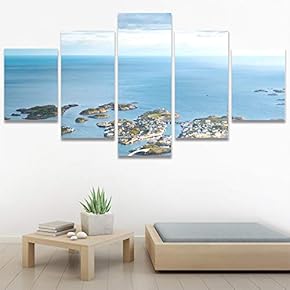 SIGNWIN 5 Panel Canvas Wall Art Beach Blue...