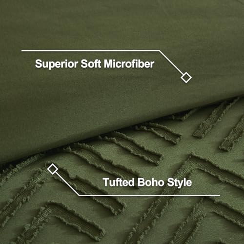 Image of Litanika Super King Plus Comforter Olive Green, 3 Pieces Tufted Boho Farmhouse Bedding Comforter Set, Lightweight Fluffy All Season Comforter Set (120x128In Comforter & 2 Pillowcases)