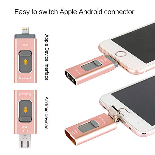 USB Flash Drive 128G Thumb Drive for iPhone Photo Stick 3in1 USB 3.0 Memory iPad Flash Drive USB Stick External Storage Richwell Password/Touch ID Protected/Android and Computer(Pink128G-XT)