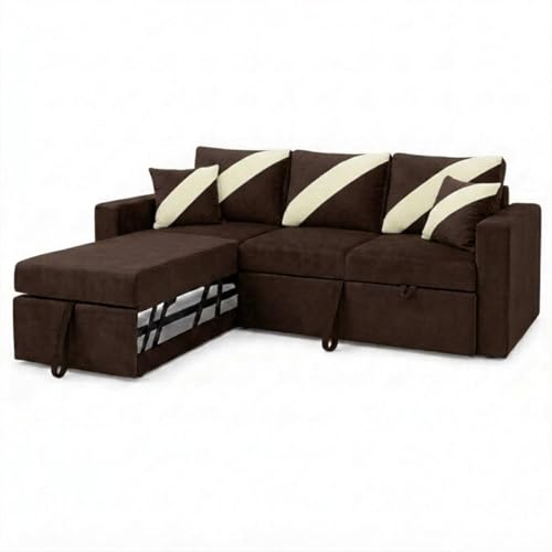 Image of FURNY Trivia 4 Seater LHS Lounger Sofa Cum Bed (Dark Brown) with Pull-Out Function | Luxury Velvet Suede Finish | Durable Comfort | Ideal for Living Room