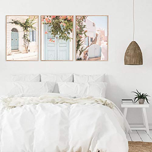 Affiche Santorini et fleur rose pastel en toile déco murale salon moderne et minimaliste x3