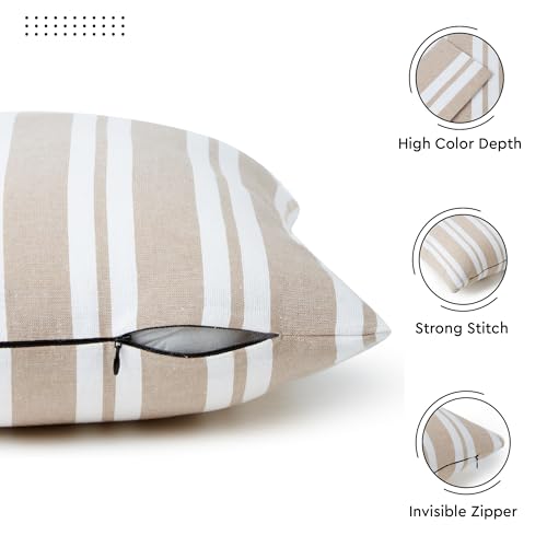 Image of Encasa XO Farmhouse Throw Pillow Covers Set of 2 (20x20 in) Franca Beige Stripes | Decorative Cushion Covers No Inserts | Plaid and Stripes Pillow Covers for Living Room, Couch