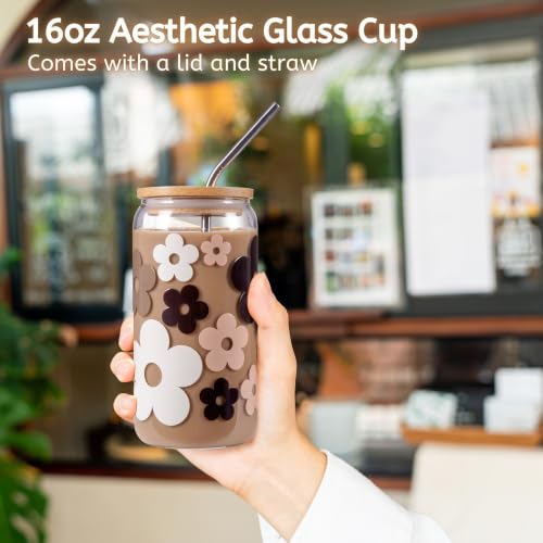 Image of JTEWB Birthday Gifts For Women, Teen Girl, Her, Happy Birthday Gift Box For Girl, Women, Sister, Daughter, Friends, Cute Daisy Aesthetic Glass Cups Gift Set 7pcs (Mocha Brown)