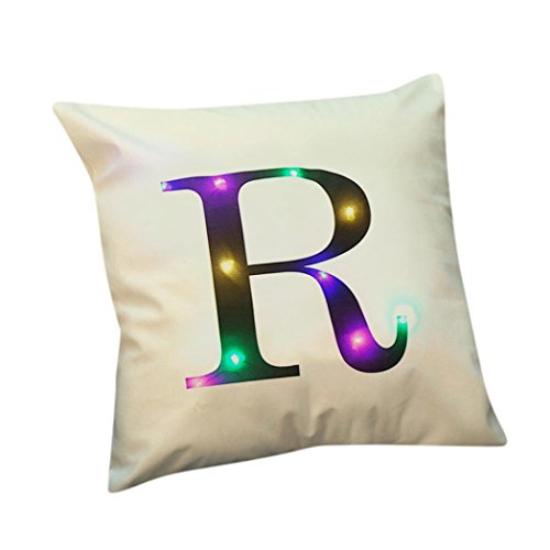 Kolylong Housse de Coussin en Linge de Coton, Christmas Coussins avec éclairage LED Noël Décoratifs Oreillers Canapé décoration - des Lettres (45cm*45cm, R)