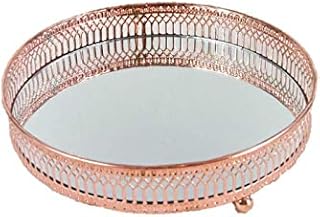 Four Seasons- Tray Mirrored Rose Gold Copper Round Mirrored Tray Plate with Ornate Metal Trim