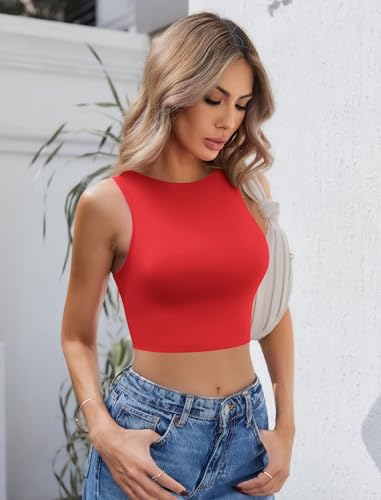 Image of Avidlove Crop Tops for Women Crew Neck Basic Tank Sexy Double Lined Seamless Crop Going Out Summer Tops