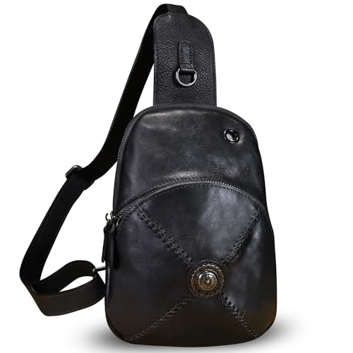 Image of Genuine Leather Small Sling Bag for Women Crossbody Purse Handmade Hiking Daypack Retro Shoulder Backpack Vintage Chest Bags
