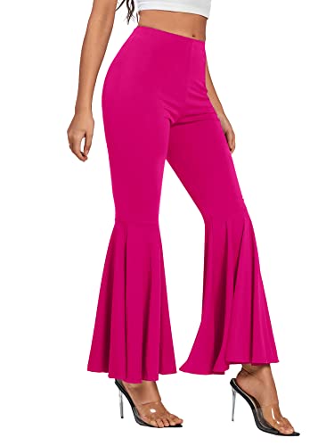 LYANER Women's Casual High Waist Ruffle Flare Pants Wide Leg Solid Stretchy Bell Bottom Rose Large