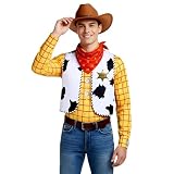 Mrakirc Cowboy Woody Costume Mens Yellow Plaid Shirt Toy Vest with Neckerchief Halloween Story Cosplay L