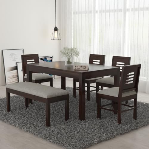 Image of Sheesham Wood 4 Chair with 1 Bench Dining Table Set with Cushioned Chairs for Dining Room | Living Room | Home & Office | Hotels Restaurant (6 Seater with Bench, Walnut)