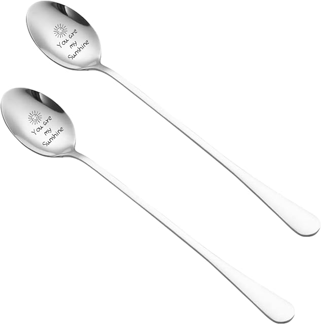 Jagowa 2 Pcs Stainless Steel Coffee Spoons "You are My Sunshine" Couple Family Cutlery Couple Gifts, Engraved Teaspoon, Long-Handled Ice Cream Spoon