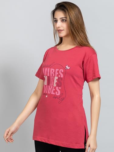 Image of Magknit Fancy Printed Both Side Cut Cotton Blend Half Sleeves and Lightwiegt Trendy Summer Long T Shirt for Women