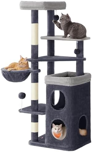 Feandrea Kratzbaum, 3 große Plattformen, Höhle und Korb, 150 cm hoch | Katzenbaum mit Kratzsäulen, Treppendesign, 2 Plüschbälle, dunkelgrau, CLAWFY Kollektion PCT007G02
