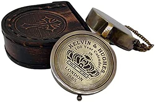 Brújula Vintage de Latón acabado antiguo Kelvin Hughes 100 Year Calendar | Con hermosa funda de cuero | Brújula de navegación artesanal de latón estilo vintage para camping y actividades al aire libre miniatura 1