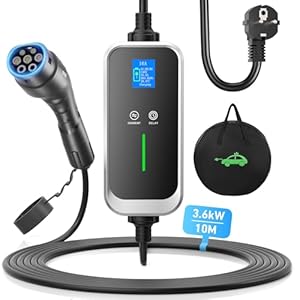 fnrids chargeur voiture electrique 10m, 16a 6a courant commutable, 3.6kw ev chargeur type 2 avec écran, 0 12h temporisé, iec 62196, cable domestique recharge voiture Électrique type 2 avec sac (10m)