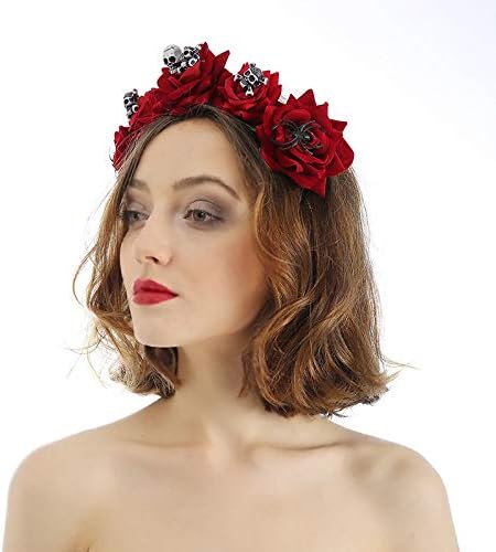 Gothic Red Rose Crown Halloween Tiara Headband Bridal Flower Hair Wreath Garland Wedding Headpiece Floral Head Accessories Headdress for Women Girls Party Bride Photography Props - Image 3