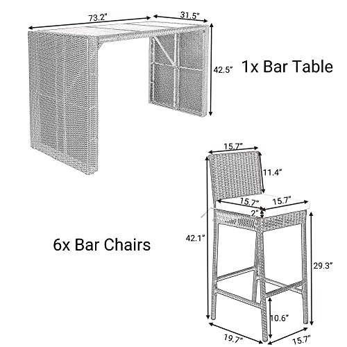 Merax Outdoor Patio Dining Set For 6, Pe Wicker Bar Furniture With Wood Table Top And Zippered Cushions, For Backyard & Garden, 7 Piece, Black #TOP2