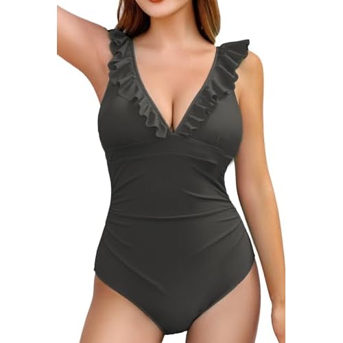 COCOPEAR Sexy One Piece Swimsuit Women Tummy Control V Neck Ruffle Swimsuits for Women High Waist Slimming Bathing Suits