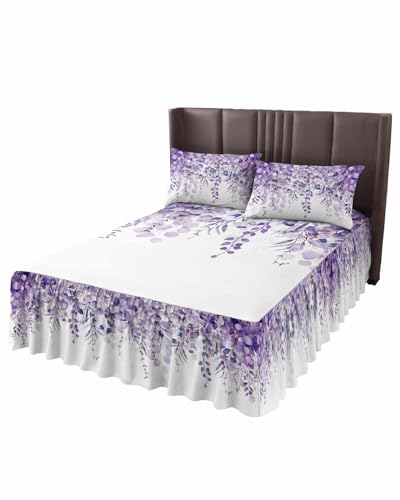 Purple Eucalyptus,Romantic Elegant Flower Leaves Herbs Bed Skirt for Queen Size Bed,Wrap Around Bedding Skirt Gathered Dust Ruffle Bedskirt Sets With 2 Packs Matching Pillow Covers 30