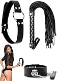 MELLCARE Adult Flogger for Play Faux Leather Whip, Adjustable Collar for Women with Leash Chain, PU Leather Choker Collar with Pulling Belt, Black